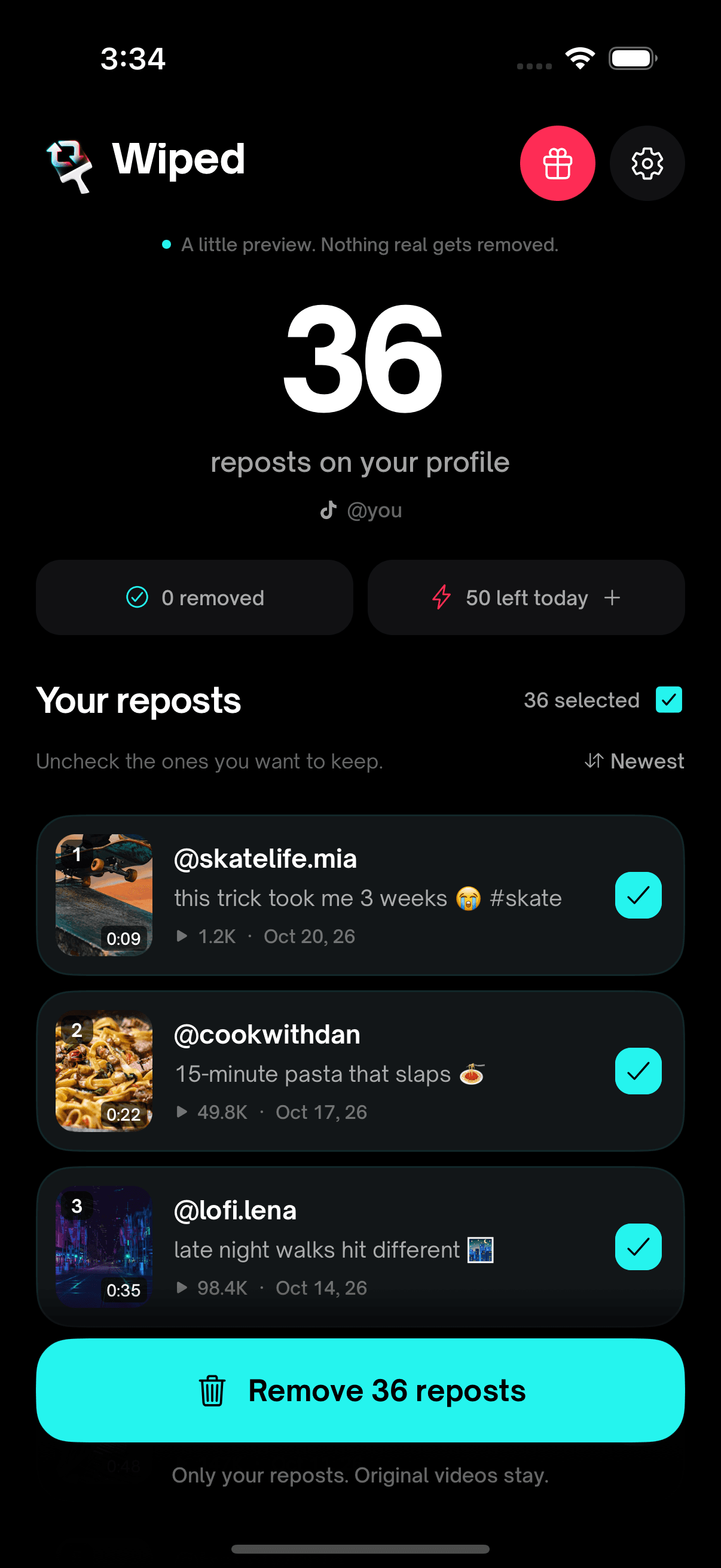 Wiped app listing 36 TikTok reposts, ready to remove in one tap
